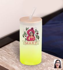 BK Gift Kadınlar Gününe Özel Karikatürlü Sarı Renk Pipetli Buzlu Cam Bardak 600ml - 5, 8 Mart Kadınlar Günü