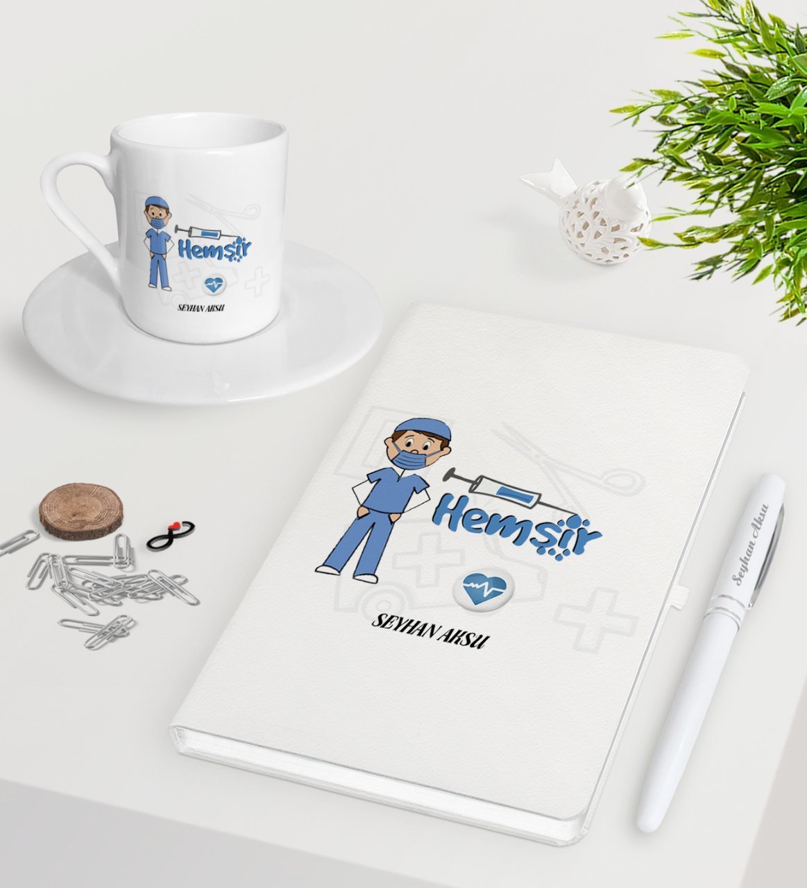 Kişiye Özel Hemşir Beyaz Defter Kalem Türk Kahvesi Fincanı Seti-1
