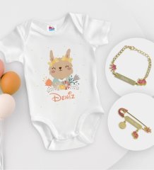 BK Kids Kişiye Özel İsimli Beyaz Bebek Body Zıbın Kız Bebek Künyesi ve İğnesi Hediye Seti-14