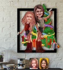 Kişiye Özel Yeni Yıl Kız Kardeşler Karikatürlü 3D Ahşap Tablo-2