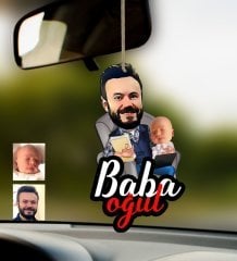 Kişiye Özel Baba Oğul Karikatürlü Ahşap Araba Dikiz Ayna Süsü-2