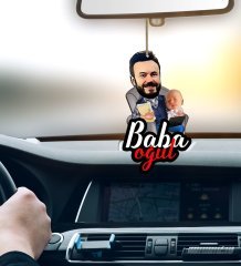 Kişiye Özel Baba Oğul Karikatürlü Ahşap Araba Dikiz Ayna Süsü-2