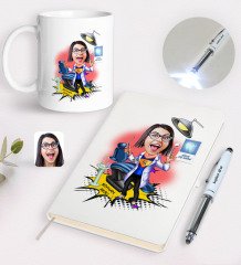 Kişiye Özel Kadın Diş Hekimi Karikatürlü Defter Kupa ve Dokunmatik Işıklı Kalem Seti-1