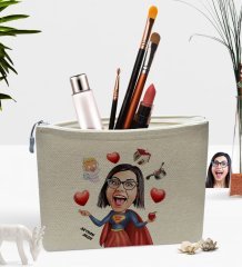 Kişiye Özel Süper Anne Karikatürlü Keten Makyaj Çantası
