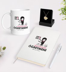 Kişiye Özel Matematik Öğretmeni Beyaz Kupa Defter Kalem ve İsimli Papatya Kolye Hediye Seti-1