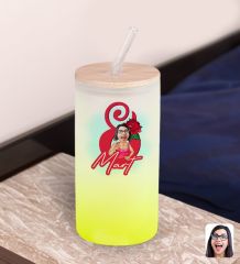 BK Gift Kadınlar Gününe Özel Karikatürlü Sarı Renk Pipetli Buzlu Cam Bardak 600ml - 4, 8 Mart Kadınlar Günü