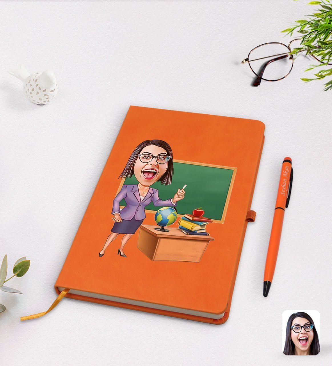 Kişiye Özel Kadın Öğretmen Karikatürlü Turuncu Termo Deri Defter Kalem Seti Model 1