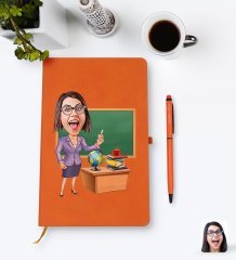 Kişiye Özel Kadın Öğretmen Karikatürlü Turuncu Termo Deri Defter Kalem Seti Model 1