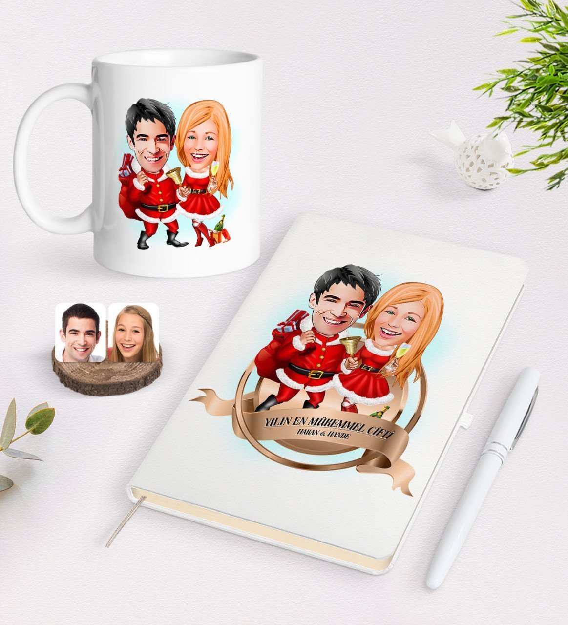 Kişiye Özel Yılın En Mükemmel Çifti Karikatürlü Beyaz Defter Kalem ve Kupa Seti-63