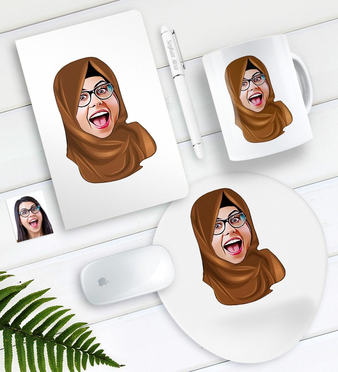 Kişiye Özel Tesettürlü Bayan Karikatürlü Defter Kalem Kupa Mouse Pad Seti