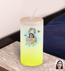 BK Gift Kadınlar Gününe Özel Karikatürlü Sarı Renk Pipetli Buzlu Cam Bardak 600ml - 3, 8 Mart Kadınlar Günü