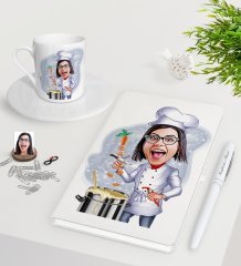 Kişiye Özel Bayan Chef Karikatürlü Beyaz Defter Kalem Türk Kahvesi Fincanı Seti-1