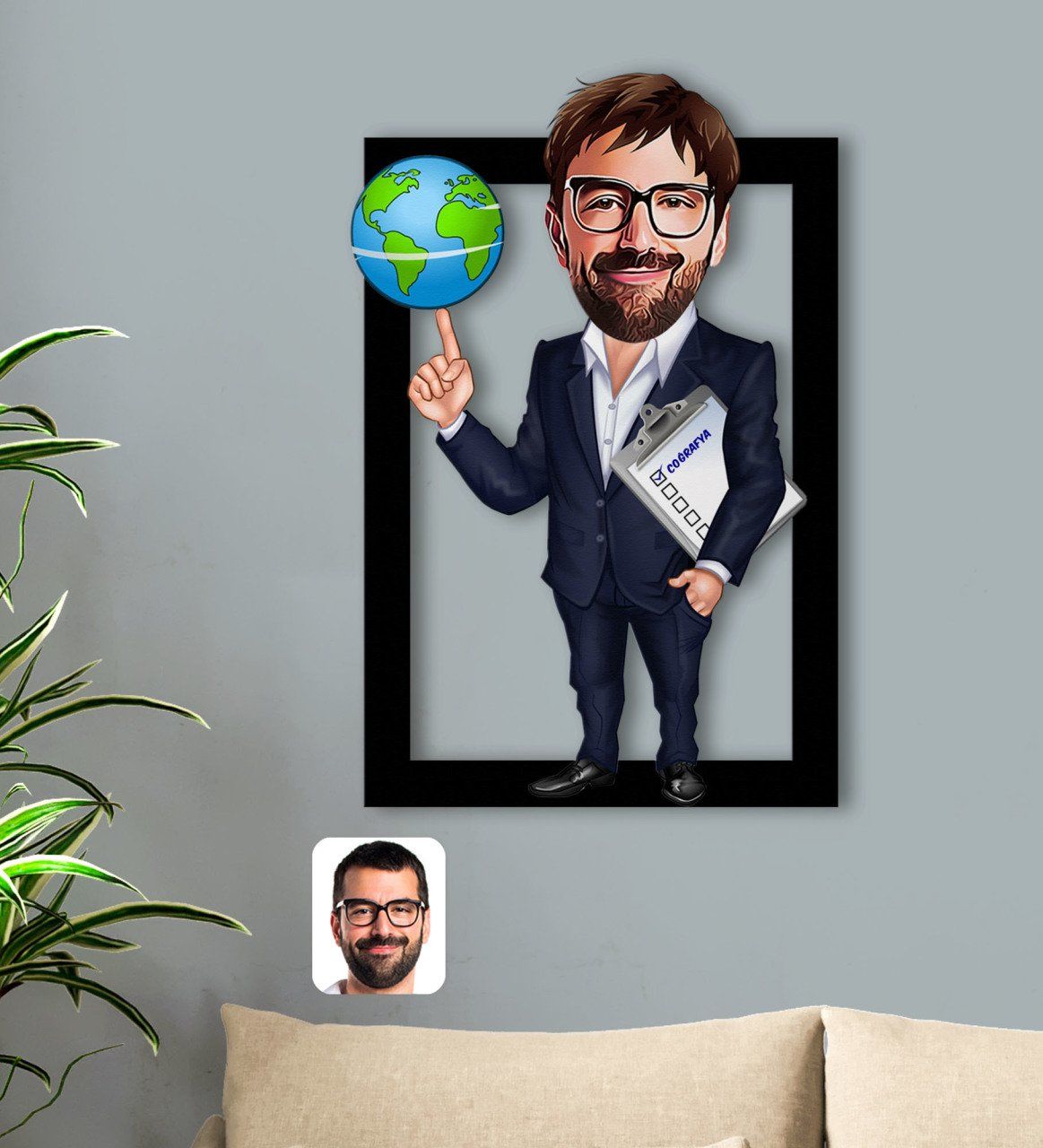 Kişiye Özel Erkek Coğrafya Öğretmeni Karikatürlü 3D Ahşap Tablo-1