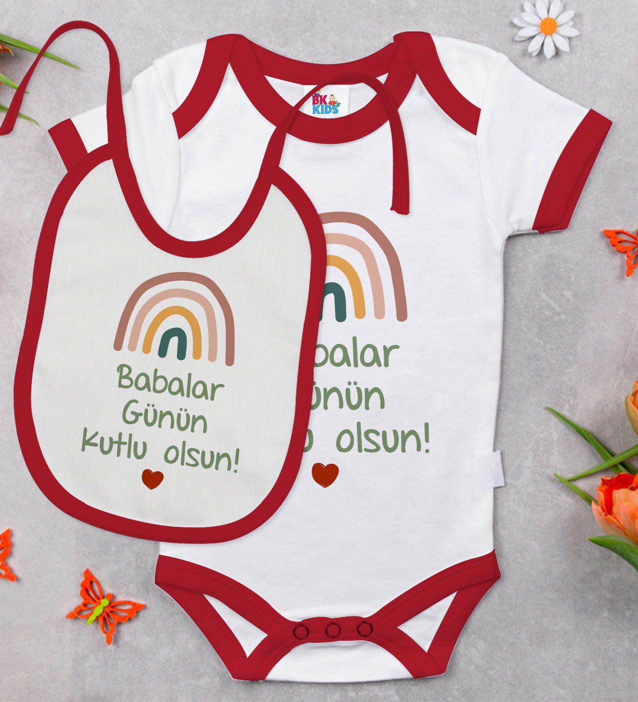 BK Kids Babalar Günü Tasarımlı Kırmızı Bebek Body Zıbın ve Mama Önlüğü Hediye Seti-2