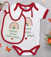 BK Kids Babalar Günü Tasarımlı Kırmızı Bebek Body Zıbın ve Mama Önlüğü Hediye Seti-2