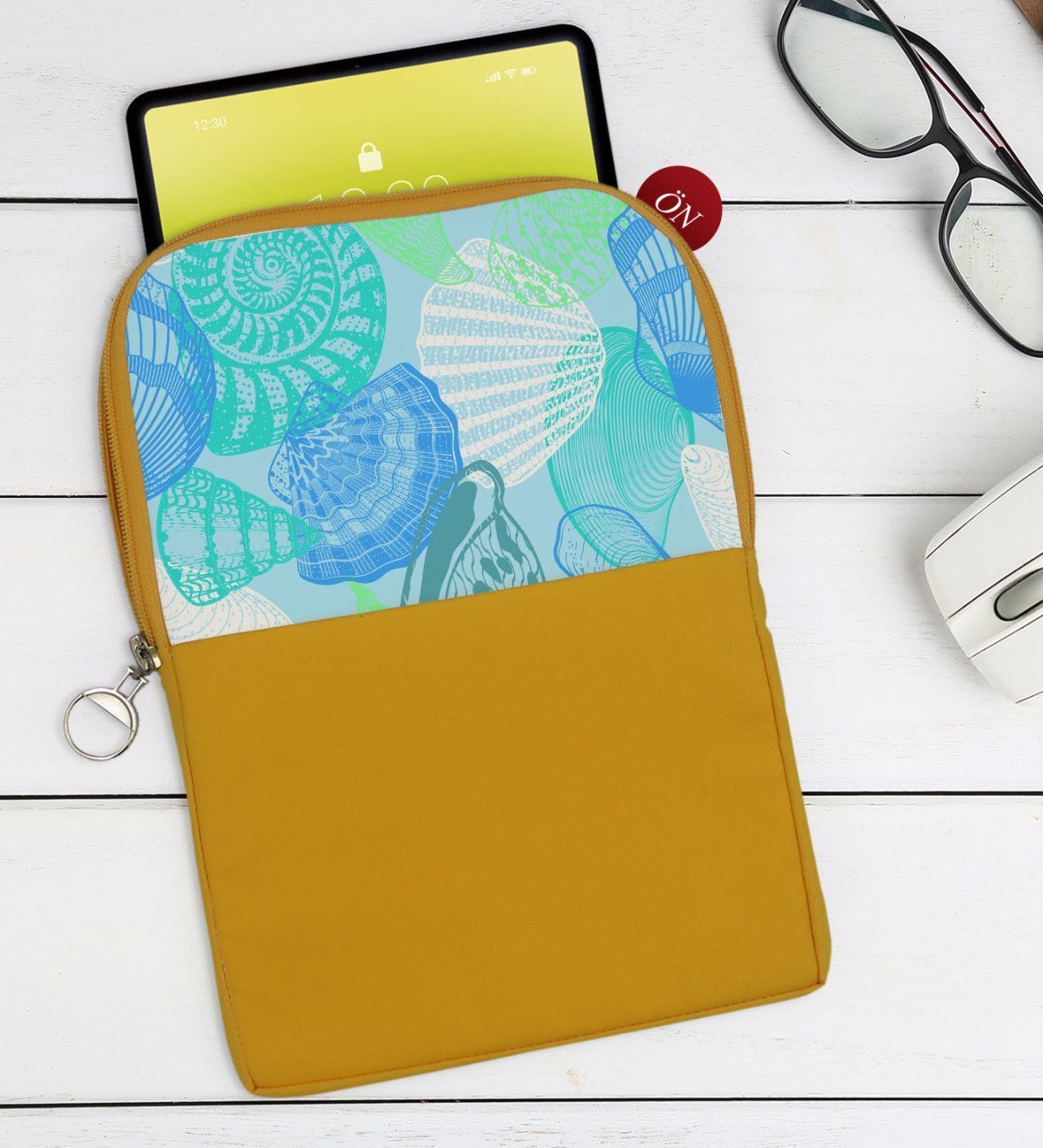 BK Gift Deniz Kabukları Tasarımlı Taşınabilir Koruyucu Tablet Kılıfı & Organizer Çanta - Sarı-1