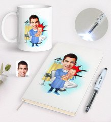 Kişiye Özel Erkek Kadın Doğum Uzmanı Karikatürlü Defter Kupa ve Dokunmatik Işıklı Kalem Seti-1