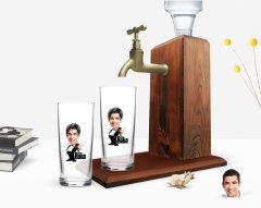 Kişiye Özel Renkli Baskılı Godfather Baba Karikatürlü İkili Rakı Bardağı ve Ahşap Rakı Standı Hediye Seti-1