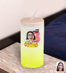 BK Gift Kadınlar Gününe Özel Karikatürlü Sarı Renk Pipetli Buzlu Cam Bardak 600ml - 2, 8 Mart Kadınlar Günü