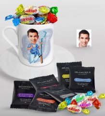 Kişiye Özel Bay Diş Hekimi Karikatürlü Türk Kahvesi Fincanı Selamlique Karışık Türk Kahvesi ve Haribo Şeker Hediye Seti-2