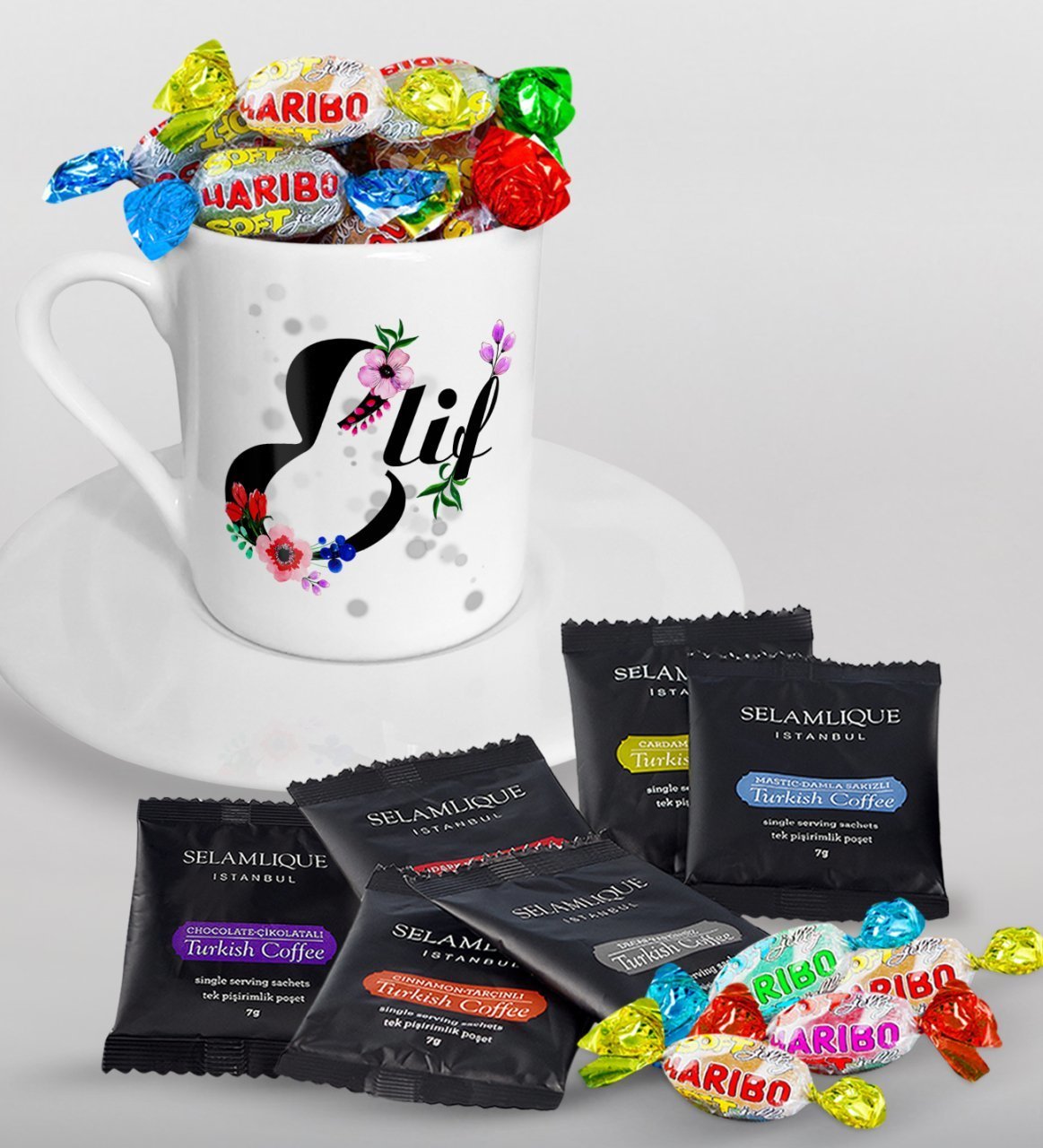 Kişiye Özel Harfli Türk Kahvesi Fincanı Selamlique Karışık Türk Kahvesi ve Haribo Şeker Hediye Seti-3