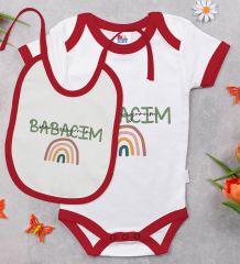 BK Kids Babalar Günü Tasarımlı Kırmızı Bebek Body Zıbın ve Mama Önlüğü Hediye Seti-1
