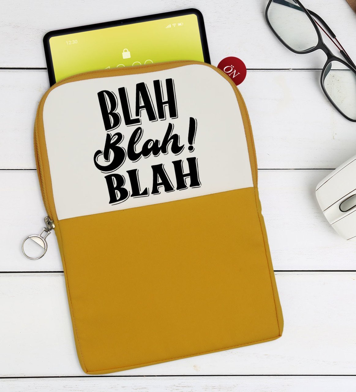 BK Gift Blah Blah Blah Tasarımlı Taşınabilir Koruyucu Tablet Kılıfı & Organizer Çanta - Sarı-1