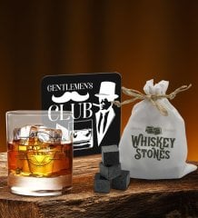 BK Gift Kişiye Özel Viski Bardağı Ahşap Bardak Altlığı ve 6’lı Granit Viski Taşı Hediye Seti - Model 1