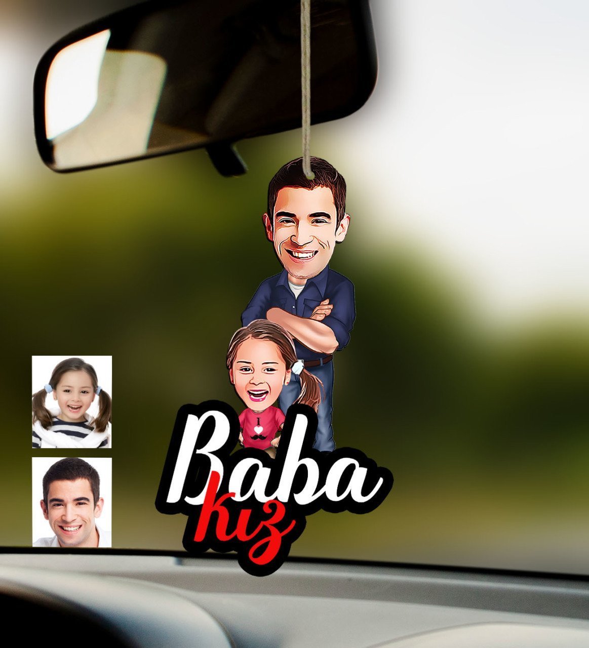 Kişiye Özel Baba Kız Karikatürlü Ahşap Araba Dikiz Ayna Süsü-1