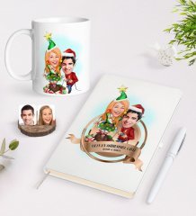 Kişiye Özel Yılın En Mükemmel Çifti Karikatürlü Beyaz Defter Kalem ve Kupa Seti-61