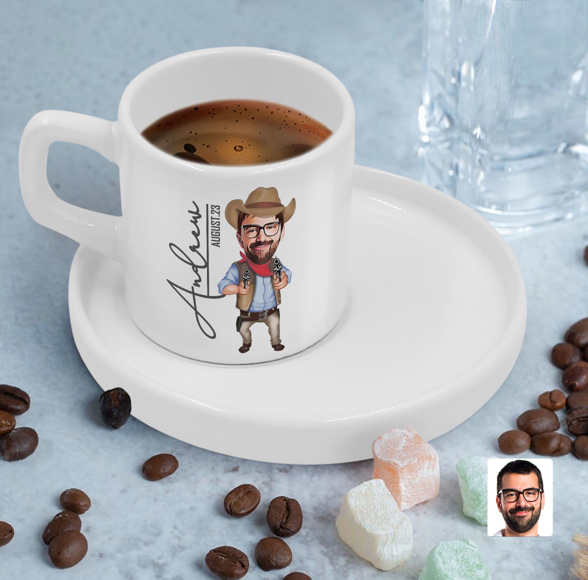 BK Gift Kişiye Özel Sunum Tabaklı Erkek Kovboy Karikatürlü Kahve Fincanı-1, Sevgiliye Hediye, Aileye Hediye, Arkadaşa Hediye