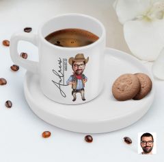 BK Gift Kişiye Özel Sunum Tabaklı Erkek Kovboy Karikatürlü Kahve Fincanı-1, Sevgiliye Hediye, Aileye Hediye, Arkadaşa Hediye