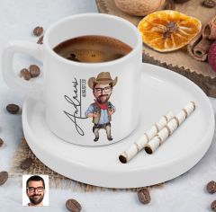 BK Gift Kişiye Özel Sunum Tabaklı Erkek Kovboy Karikatürlü Kahve Fincanı-1, Sevgiliye Hediye, Aileye Hediye, Arkadaşa Hediye