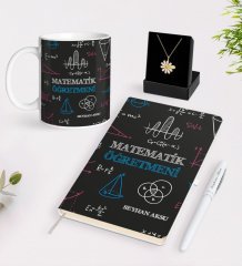 Kişiye Özel Matematik Öğretmeni Beyaz Kupa Defter Kalem ve İsimli Papatya Kolye Hediye Seti-11