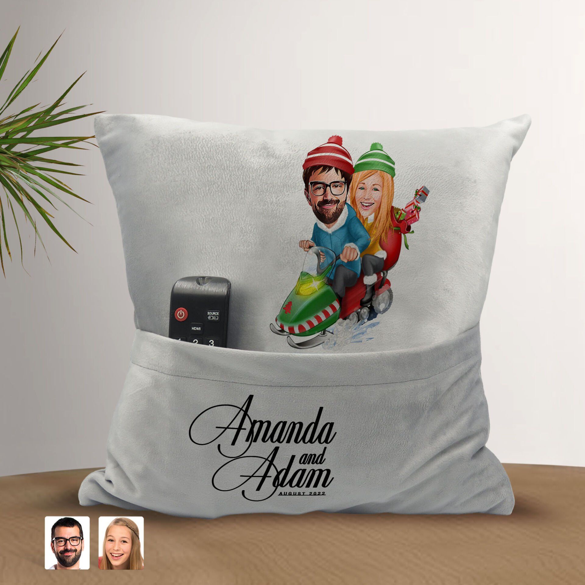 BK Gift Kişiye Özel Yılbaşı Sevgili Karikatür Tasarımlı Organizer Kumanda ve Atıştırmalık Cepli Gri Kırlent Yastık-1 Arkadaşa Hediye, Cepli Yastık