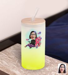 BK Gift Kadınlar Gününe Özel Karikatürlü Sarı Renk Pipetli Buzlu Cam Bardak 600ml - 1, 8 Mart Kadınlar Günü