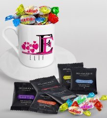 Kişiye Özel Harfli Türk Kahvesi Fincanı Selamlique Karışık Türk Kahvesi ve Haribo Şeker Hediye Seti-2