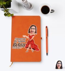 Kişiye Özel Kadın Nihayetinde Karikatürlü Turuncu Termo Deri Defter Kalem Seti Model 1