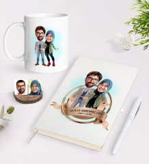 Kişiye Özel Yılın En Mükemmel Çifti Karikatürlü Beyaz Defter Kalem ve Kupa Seti-60