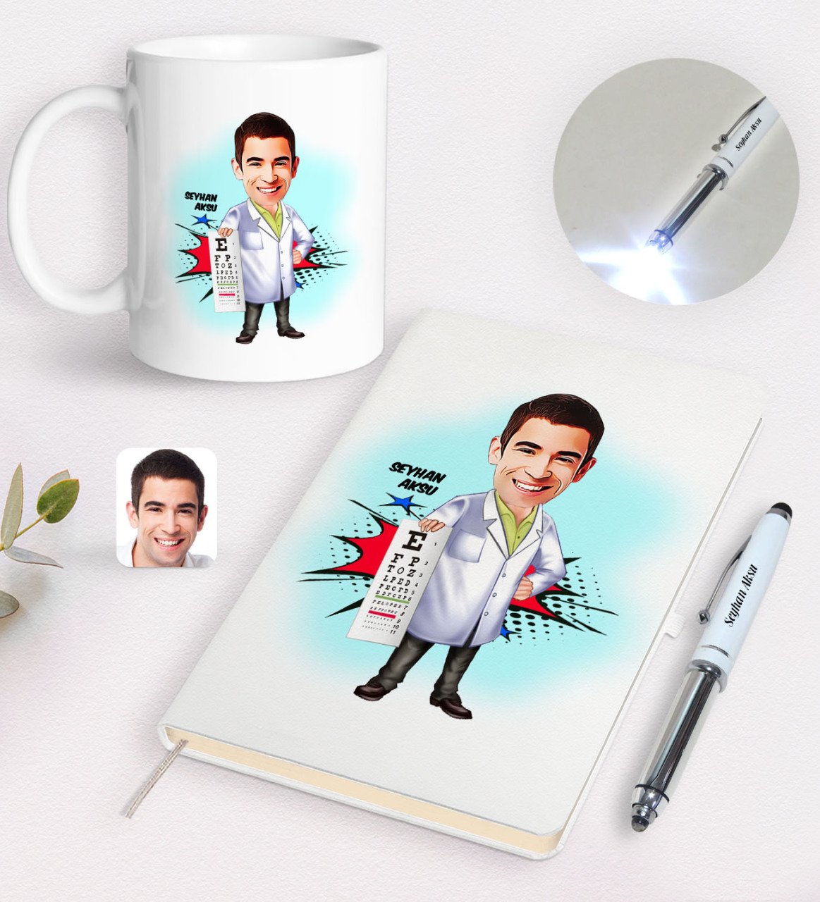 Kişiye Özel Erkek Göz Doktoru Karikatürlü Defter Kupa ve Dokunmatik Işıklı Kalem Seti-2