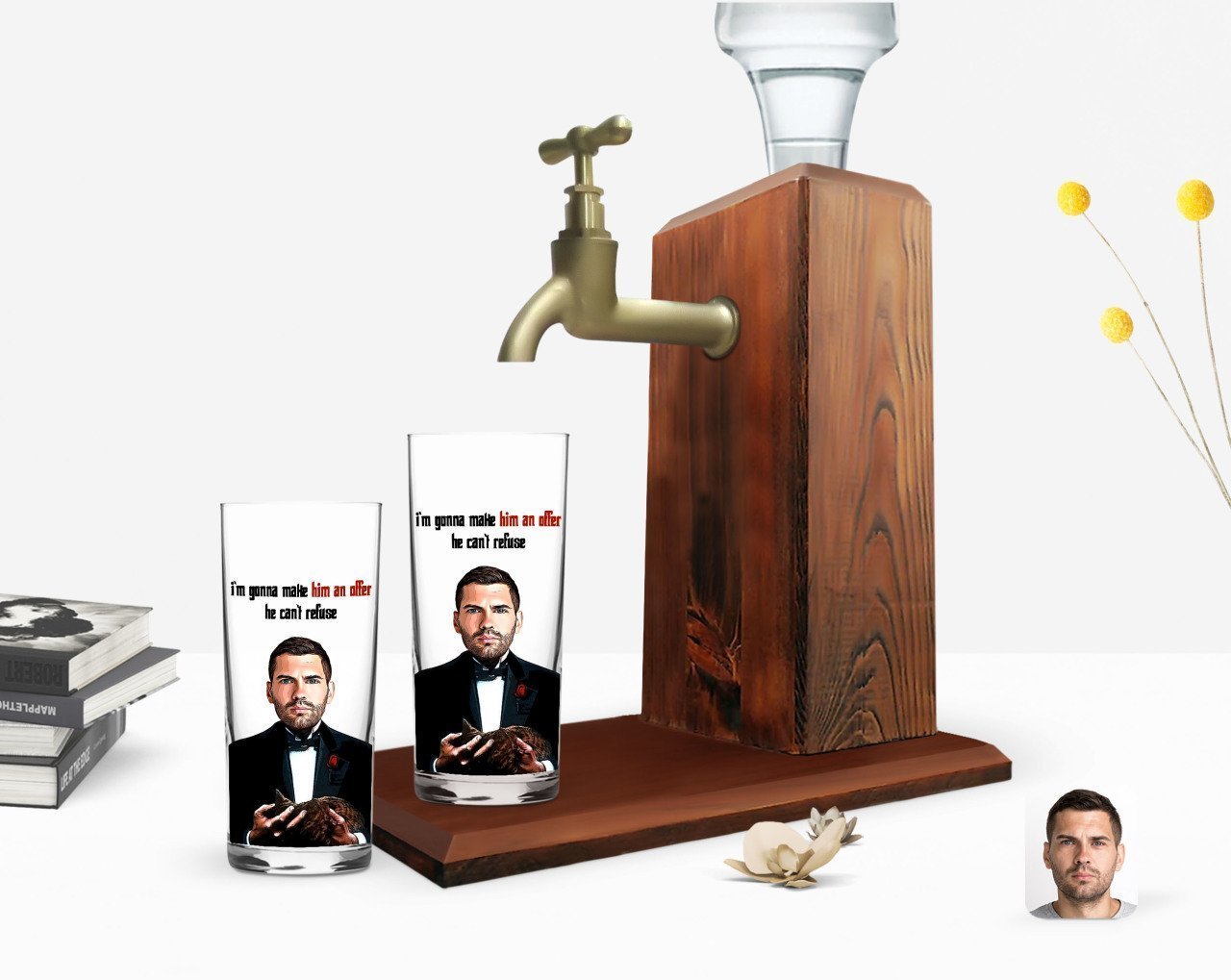 Kişiye Özel Renkli Baskılı Godfather Baba Karikatürlü İkili Rakı Bardağı ve Ahşap Rakı Standı Hediye Seti-7