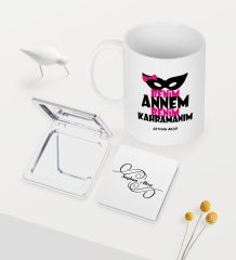 Kişiye Özel Annem Benim Kahramanım Beyaz Kupa Ayna Seti