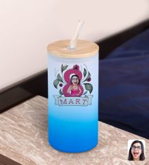 BK Gift Kadınlar Gününe Özel Karikatürlü Mavi Renk Pipetli Buzlu Cam Bardak 600ml - 5, 8 Mart Kadınlar Günü