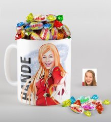 Kişiye Özel İsimli Bayan Karikatürlü Kupa ve Haribo Fruitbons Şeker Hediye Seti-34
