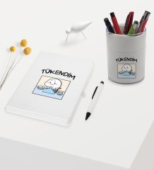 BK Gift Tükendim Tasarımlı Beyaz Defter Kalem ve Kalemlik Hediye Seti - Model 1