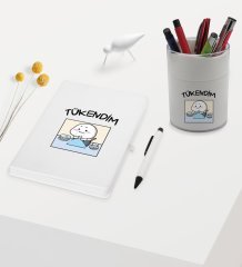 BK Gift Tükendim Tasarımlı Beyaz Defter Kalem ve Kalemlik Hediye Seti - Model 1