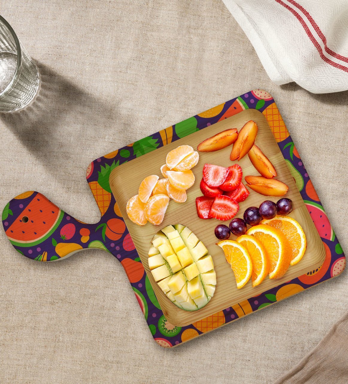 BK Gift Meyveler Tasarımlı Kare Şeklinde Doğal Ahşap Servis ve Sunum Tabağı Model 1
