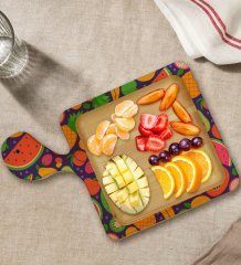 BK Gift Meyveler Tasarımlı Kare Şeklinde Doğal Ahşap Servis ve Sunum Tabağı Model 1