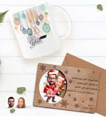 Kişiye Özel Mutlu Yıllar Kupa Bardak ve Retro Ahşap Yılbaşı Tebrik Kartı Hediye Seti-1F