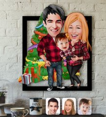 Kişiye Özel Yeni Yıl Aile Karikatürlü 3D Ahşap Tablo-4